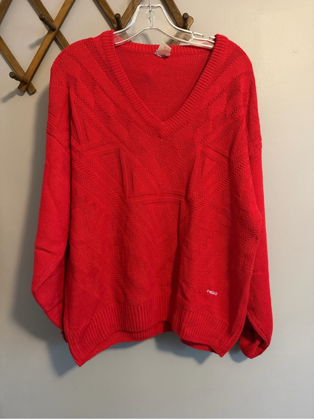 HEAD Vintage Red Textured V-Neck Ski Sweater Gaper Day L